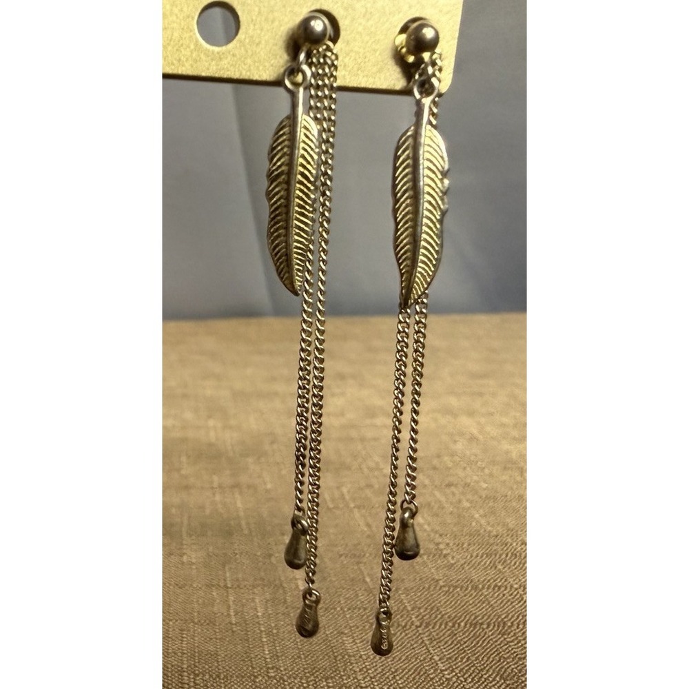 Vintage Sterling Silver Feather Dangle Post Earrings Double Chain Southwestern
